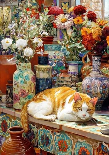 Vase Schreibtisch Malen Nach Zahlen Erwachsene, DIY Katze Handgemalt Ölgemälde Leinwand Set mit Pinseln und Acrylfarben, malen nach zahlen erwachsene set für Home Deko 60x75cm(ohne Rahmen) von Hoonjiin