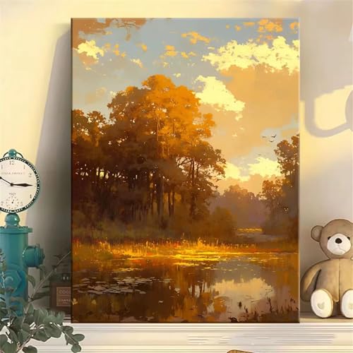 Wald bei Sonnenuntergang Malen Nach Zahlen Erwachsene, DIY Vögel Handgemalt Ölgemälde Leinwand Set mit Pinseln und Acrylfarben, malen nach zahlen erwachsene set für Home Deko 30x40cm(ohne Rahmen) von Hoonjiin