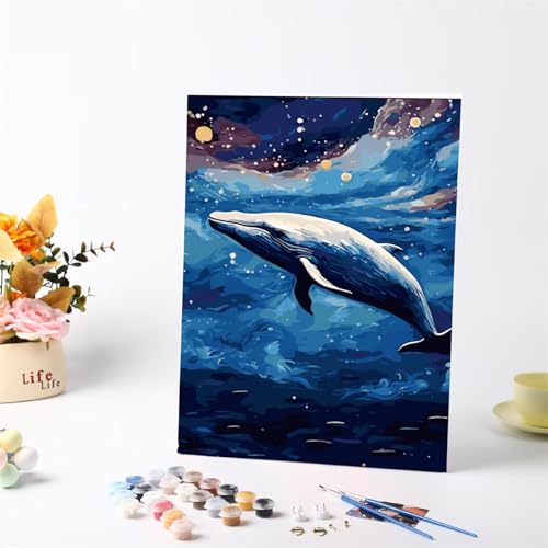Wale Meer Malen Nach Zahlen Erwachsene, DIY Nacht Handgemalt Ölgemälde Leinwand Set mit Pinseln und Acrylfarben, malen nach zahlen erwachsene set für Home Deko 20x30cm(mit Rahmen) von Hoonjiin