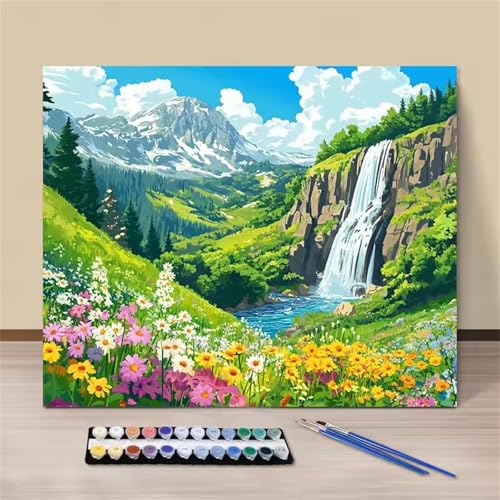 Wasserfall-Gras Malen Nach Zahlen Erwachsene, DIY Himmel Handgemalt Ölgemälde Leinwand Set mit Pinseln und Acrylfarben, malen nach zahlen erwachsene set für Home Deko 50x65cm(mit Rahmen) von Hoonjiin