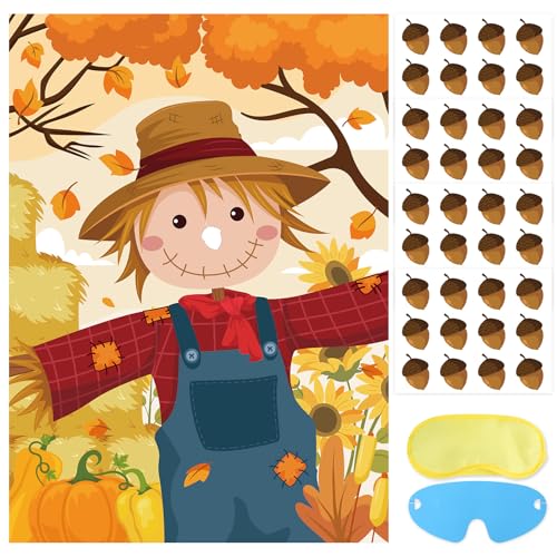 Hooqict Thanksgiving-Spiele für Kinder, Party, Pin The Nose on The Scarecrow, Thanksgiving-Aktivitäten, Herbst-Festivalspiele, Herbsternte, Party-Dekorationen, großes Poster mit 48 Aufklebern von Hooqict
