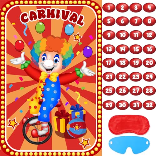 Zirkusspiele Pin The Nose on The Clown Karneval Partyspiele für Kinder Clown Party Supplies Zirkus Themed Geburtstag Party Dekorationen, Großes Clown Spiele Poster mit 32 Nasenaufklebern Zirkusspiele Pin The Nose on The Clown Karneval Partyspiele für Kinder Clown Party Supplies Zirkus Themed Geburtstag Party Dekorationen, Großes Clown Spiele Poster mit 32 Nasenaufklebern von Hooqict
