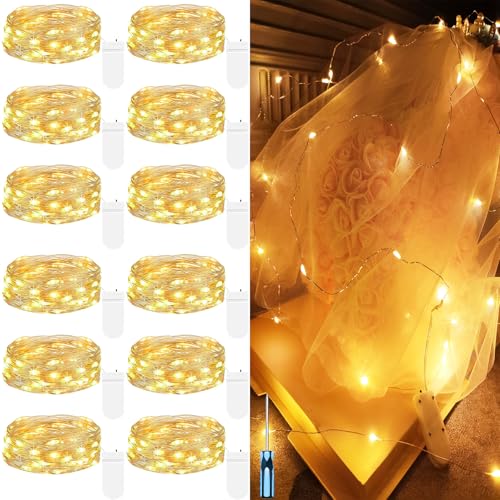 Hopelit 12 Stück 2 Meter 20 LEDs Lichterkette Außen Silberdraht mit CR2032 Batterie, LED Lichterkette Batterie für Weihnachtsbaum, Halloween, Hochzeit, Balkon Geschenkdeko - Warmweiß von Hopelit
