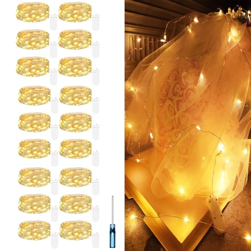 Hopelit 18 Stück 2 Meter 20 LEDs Lichterkette Außen Silberdraht mit CR2032 Batterie, LED Lichterkette Batterie für Weihnachtsbaum, Halloween, Hochzeit, Balkon Geschenkdeko - Warmweiß von Hopelit