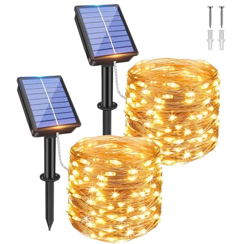 Hopelit 2 Stück Solar Lichterkette Aussen, Solar Lichterkette Kupferdraht 20m 200 LED, 8 Modi Solarlichterkette Außen Wetterfest für Garten Balkon Weihnachtsbaum Lichterkette Außen - Warmweiß von Hopelit