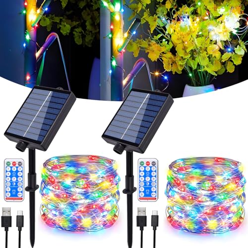 Hopelit Solar Lichterkette Aussen (2 Stk), 30m 300LEDs Lichterkette Außen Solar Lichterkette Kupferdraht IP65 Wasserdicht mit Fernbedienung 8 Modi Für Weihnachtsdeko Balkon Deko - Bunt von Hopelit
