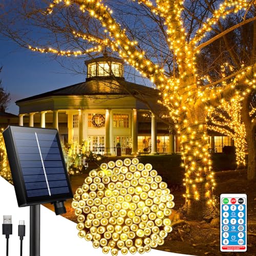 Hopelit Solar Lichterkette Aussen 10M 100 LED Warmweiß mit Fernbedienung und Timer, 8 Modi, Lichterkette Außen Solar für Garten, Terrassen, Halloween und Weihnachten, Party Deko, etc von Hopelit