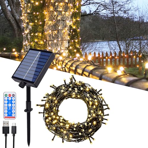 Hopelit Solar Lichterkette Aussen 20M 200 LED Warmweiß mit Fernbedienung und Timer, 8 Modi, Lichterkette Außen Solar für Gartendeko, Terrassen, Halloween, Weihnachtsbaum, Party, Etc von Hopelit
