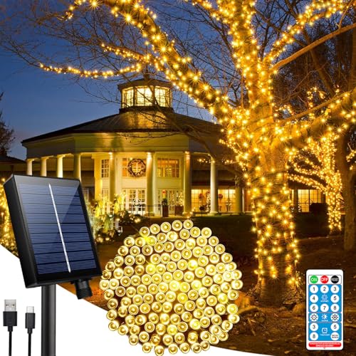 Hopelit Solar Lichterkette Aussen 30M 300 LED Warmweiß mit Fernbedienung und Timer, 8 Modi, Lichterkette Außen Solar für Gartendeko, Terrassen, Halloween, Weihnachtsbaum, Party, Etc von Hopelit