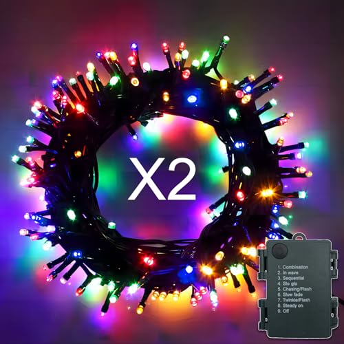 Lichterkette Batterie 2stk 100LEDs 10m Bunt, Lichterkette Außen Batterie mit Timer und 8 Modi, Led Lichterkette Weihnachtsbaum Wasserdicht Batteriebetrieben für Innen, Garten, Partys von Hopelit