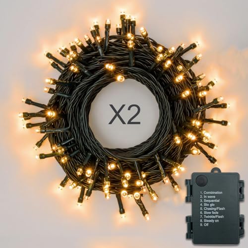 Lichterkette Batterie 2stk 50LEDs 5m Warmweiß, Lichterkette Außen Batterie mit Timer und 8 Modi, Led Lichterkette Weihnachtsbaum Wasserdicht Batteriebetrieben für Innen, Garten, Partys von Hopelit