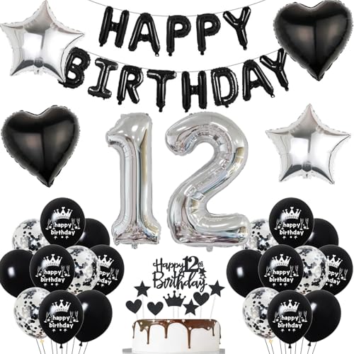 12. Geburtstag Deko Set für Jungen - Schwarz, Folienballon, Happy Birthday Girlande, Konfetti, Latex Luftballons - Dekoration für 12 Jahre 12. Geburtstag Deko Set für Jungen - Schwarz, Folienballon, Happy Birthday Girlande, Konfetti, Latex Luftballons - Dekoration für 12 Jahre von Hopewey