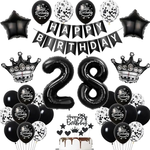 28. Geburtstag Dekoration Schwarz Tortendeko für Mann und Frau - Luftballons, Ballon und Deko für 28 Jahre - Geburtstagsdeko Schwarz von Hopewey