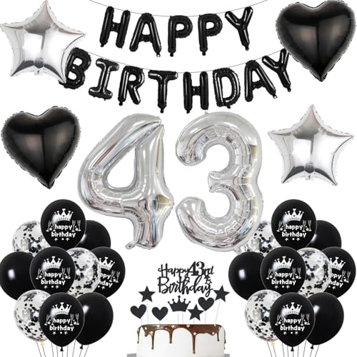 43. Geburtstag Deko Set für Männer - Schwarz, Happy Birthday Banner, Folienballon, Konfetti Luftballons - Dekoration für 43 Jahre von Hopewey