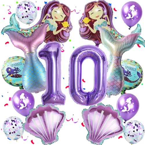 Deko 10. Geburtstag Mädchen Meerjungfrauen Luftballons 10. Geburtstag Mädchen Meerjungfrau Deko, Folienballon 10 Themen Ballons für 10 Jahre Party dekoration von Hopewey