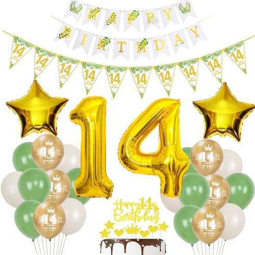 Gold Luftballons 14 Geburtstag Mädchen Junge Dekoration Oliv grün Tortendeko 14 Geburtstag Mädchen Geburtstagsdeko 14 Jahre Folienballon 14 deko 14. Junge Ballon party deko von Hopewey