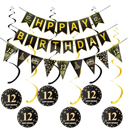 Happy 12th Birthday Banner +Dreiecksflaggen Happy Birthday Girlanden+ 12 Geburtstag Hängedeko Spiralen Set, Schwarz Gold 12.Geburtstag deko für Mädchen Junge,12. Geburtstag Hängedeko Deckenhänger von Hopewey