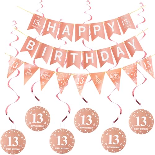 Happy 13th Birthday Banner +Dreiecksflaggen Happy Birthday Girlanden+ 13 Geburtstag Hängedeko Spiralen Set, Rosegold 13.Geburtstag deko für Mädchen,13. Geburtstag Mädchen Hängedeko Deckenhänger von Hopewey