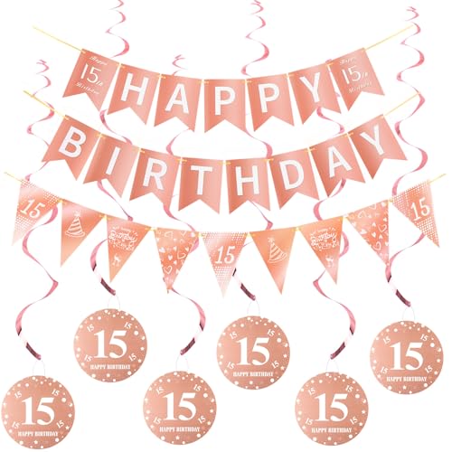 Happy 15th Birthday Banner +Dreiecksflaggen Happy Birthday Girlanden+ 15 Geburtstag Hängedeko Spiralen Set, Rosegold 15.Geburtstag deko für Mädchen,15. Geburtstag Mädchen Hängedeko Deckenhänger von Hopewey
