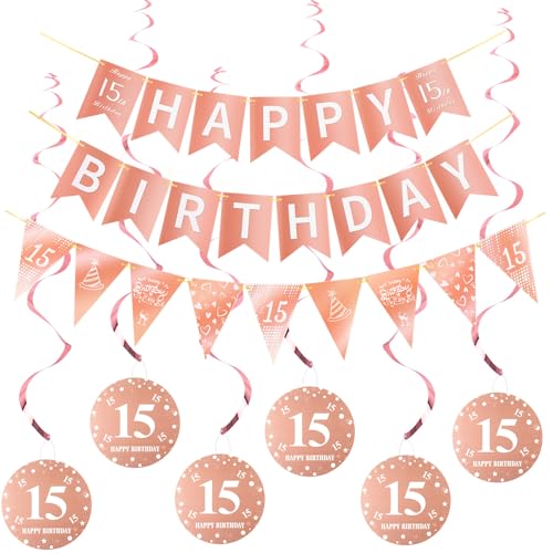 Happy 15th Birthday Banner +Dreiecksflaggen Happy Birthday Girlanden+ 15 Geburtstag Hängedeko Spiralen Set, Rosegold 15.Geburtstag deko für Mädchen,15. Geburtstag Mädchen Hängedeko Deckenhänger Happy 15th Birthday Banner +Dreiecksflaggen Happy Birthday Girlanden+ 15 Geburtstag Hängedeko Spiralen Set, Rosegold 15.Geburtstag deko für Mädchen,15. Geburtstag Mädchen Hängedeko Deckenhänger von Hopewey