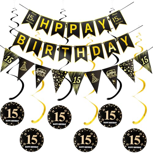 Happy 15th Birthday Banner +Dreiecksflaggen Happy Birthday Girlanden+ 15 Geburtstag Hängedeko Spiralen Set, Schwarz Gold 15.Geburtstag deko für Mädchen Junge,15. Geburtstag Hängedeko Deckenhänger von Hopewey