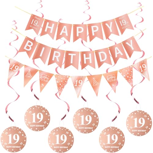Happy 19. Geburtstag Banner + Dreiecksflaggen Girlanden + Hängedeko Spiralen Set, Rosegold Deko für Mädchen, Deckenhänger Happy 19. Geburtstag Banner + Dreiecksflaggen Girlanden + Hängedeko Spiralen Set, Rosegold Deko für Mädchen, Deckenhänger von Hopewey