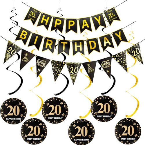 Happy 20th Birthday Banner +Dreiecksflaggen Happy Birthday Girlanden+ 20 Geburtstag Hängedeko Spiralen Set, Schwarz Gold 20.Geburtstag deko für Mädchen Junge,20. Geburtstag Hängedeko Deckenhänger Happy 20th Birthday Banner +Dreiecksflaggen Happy Birthday Girlanden+ 20 Geburtstag Hängedeko Spiralen Set, Schwarz Gold 20.Geburtstag deko für Mädchen Junge,20. Geburtstag Hängedeko Deckenhänger von Hopewey