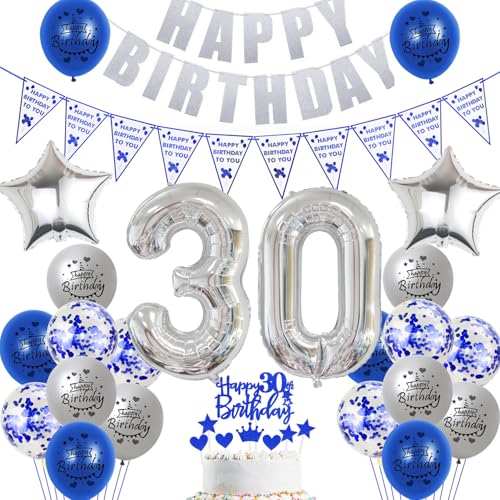 Hopewey Deko 30. Geburtstag Frauen Mann Dekoration silber blau Tortendeko 30. Geburtstag Mann Luftballons 30 Geburtstag deko 30. Geburtstag Männer Ballon blau Geburtstagsdeko 30 Jahre Mann silber von Hopewey