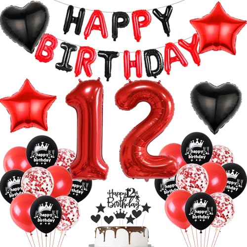 Luftballon 12. Geburtstag deko Mädchen rot Schwarz Folienballon Zahlen 12 Geburtstagsdeko Mädchen 12 Jahr geburtstagdeko mädchen 12 jahre 12. Geburtstag deko Rot Geburtstagsdeko 12 Jahr Mädchen set von Hopewey
