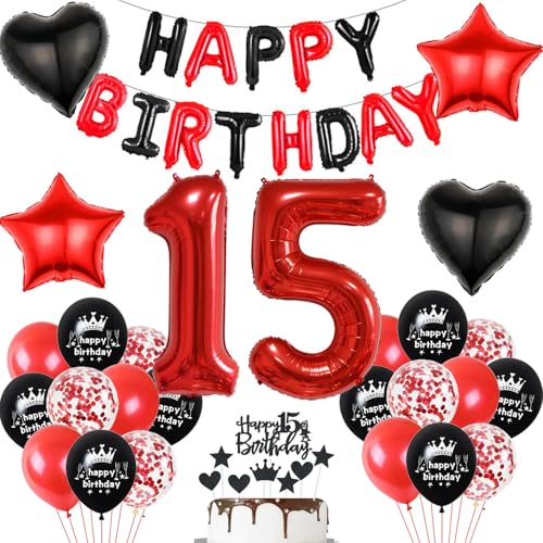 Luftballon 15. Geburtstag deko Mädchen rot Schwarz Folienballon Zahlen 15 Geburtstagsdeko Mädchen 15 Jahr geburtstagdeko mädchen 15 jahre 15. Geburtstag deko Rot Geburtstagsdeko 15 Jahr Mädchen set von Hopewey