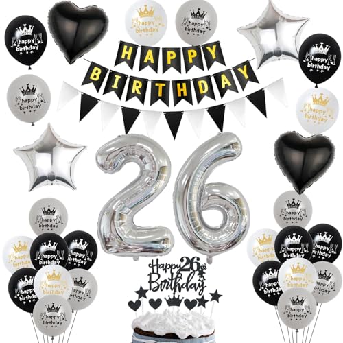 Luftballon 26. Geburtstag Dekoration Schwarz Silber Tortendeko Geburtstag 26 Jahre Mann kuchen deko 26 Geburtstag Frauen Mann,ballon 26. Geburtstag Männer Frauen,Geburtstagsdeko 26 Jahre Frauen von Hopewey