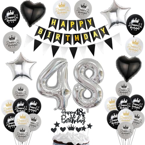 Luftballon 48. Geburtstag Dekoration Schwarz Silber - Tortendeko für Mann und Frau - Kuchen Deko 48 Jahre - Ballon und Geburtstagsdeko Set Luftballon 48. Geburtstag Dekoration Schwarz Silber - Tortendeko für Mann und Frau - Kuchen Deko 48 Jahre - Ballon und Geburtstagsdeko Set von Hopewey