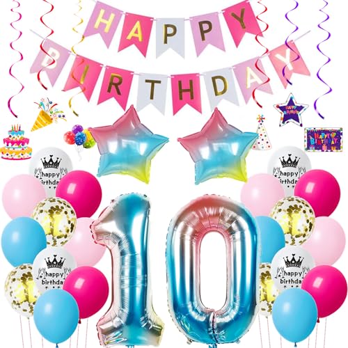 Hopewey 10. Geburtstag Ballon-Set für Mädchen - Rosa/bunt, 22 Stück, Dekoration mit Banner, Ballons, Hängedeko von Hopewey