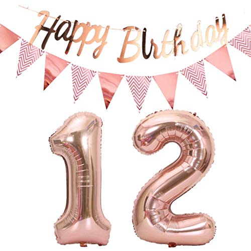 Luftballons 12.geburtstag deko rosegold+Happy Birthday Girlande +Wimpelkette 40"Zahlen Ballon 12 Luftballons 12 Jahre Geburtstag Dekoration Mädchen Geburtstagdeko12 Geburtstag deko rosegold set(12) von Hopewey