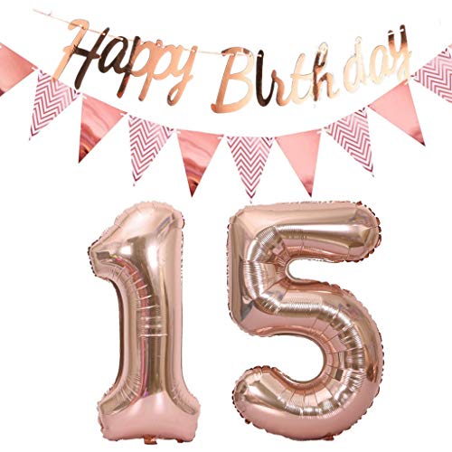 Luftballons 15.geburtstag deko rosegold+Happy Birthday Girlande +Wimpelkette 40"Zahlen Ballon 15 Luftballons 15 Jahre Geburtstag Dekoration Mädchen Geburtstagdeko15 Geburtstag deko rosegold set(15) von Hopewey