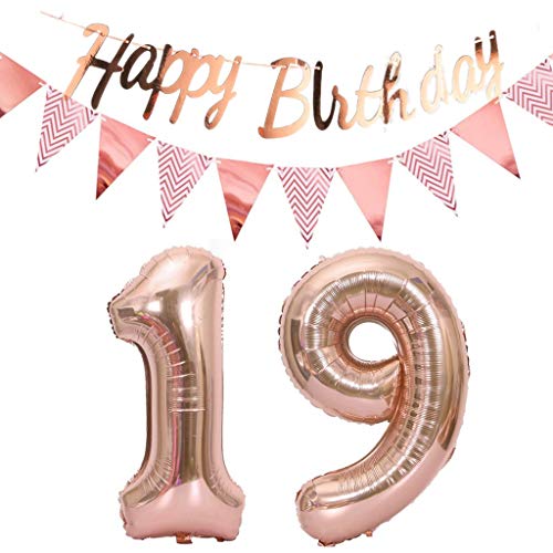 Luftballons 19.geburtstag deko rosegold+Happy Birthday Girlande +Wimpelkette 40"Zahlen Ballon 19 Luftballons 19 Jahre Geburtstag Dekoration Mädchen Geburtstagdeko19 Geburtstag deko rosegold set(19) von Hopewey