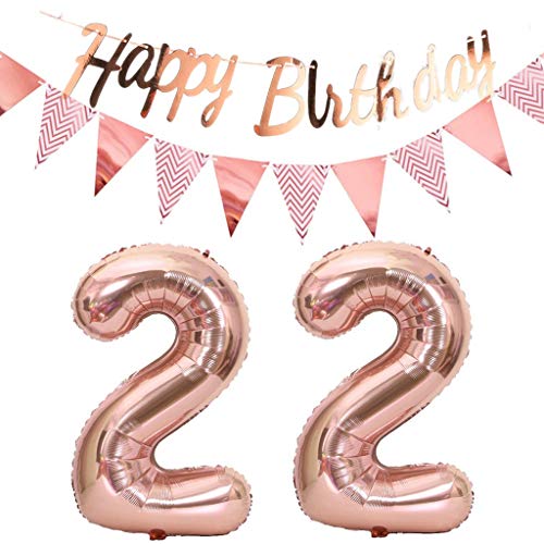 Luftballons 22.geburtstag deko frauen rosegold+Happy Birthday Girlande +Wimpelkette 40"Zahlen Ballon 22 Luftballons 22 Jahre Geburtstag Dekoration frau Geburtstagdeko 22 Geburtstag deko rosegold(22) von Hopewey