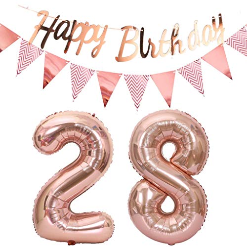 Luftballons 28.geburtstag deko frauen rosegold+Happy Birthday Girlande +Wimpelkette 40"Zahlen Ballon 28 Luftballons 28 Jahre Geburtstag Dekoration frau Geburtstagdeko 28 Geburtstag deko rosegold(28) von Hopewey