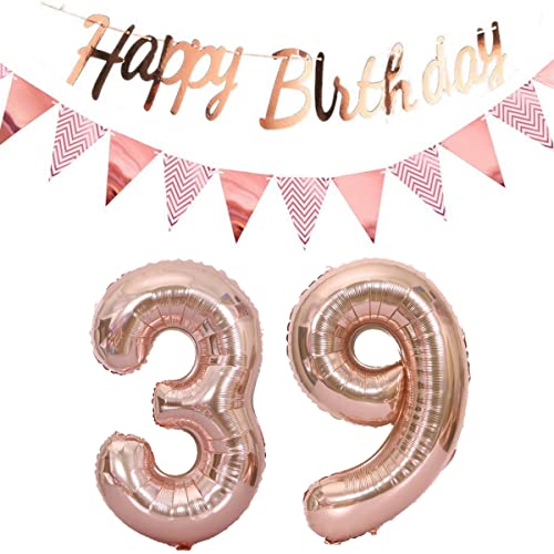 Luftballons 39.geburtstag deko frauen rosegold+Happy Birthday Girlande +Wimpelkette 40"Zahlen Ballon 39 Luftballons 39 Jahre Geburtstag Dekoration frau Geburtstagdeko 39 Geburtstag deko rosegold(39) von Hopewey