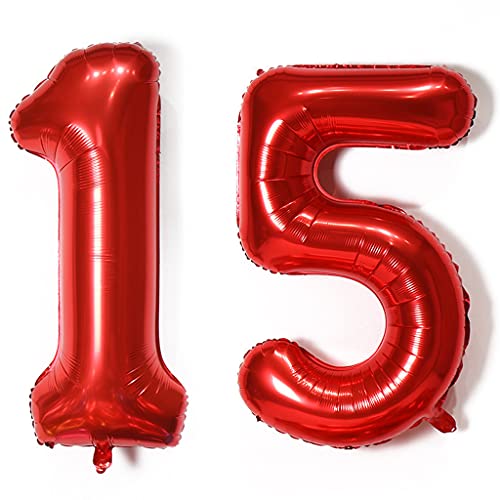 Hopewey Zahlballon 15, Rot, 2 Stück, 40 Zoll, Unisex, Mädchen und Kinder, 15. Geburtstag, Ballon, Luftballon, BALLOON, Gummi, Wiederverwendbar, Selbstdichtend, Alle Altersgruppen von Hopewey
