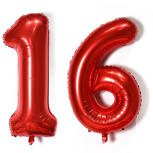 Luftballons Zahl 16, Zahl ballon 16 rot Luftballons 16. Geburtstag deko Mädchen Folienballon 16 Zahlballons 16 rot XXXL 40" Riese Aufblasbar Helium Ballon 16 jahre Geburtstag Deko Mädchen rot (16) von Hopewey