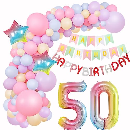 ballon girlande 50. Geburtstag Deko Macaron Rosa Lila Blau Gelb Luftballons girlande 50 .Geburtstag Frauen deko 50 Jahre Geburtstagdeko Happy Birthday Girlande bunt Deko 50. Geburtstag Frau von Hopewey