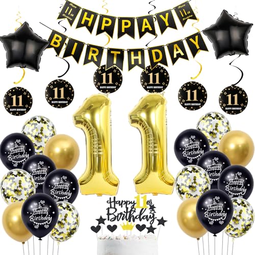 deko 11. geburtstag Jungen mädchen,schwarz gold luftballon 11. geburtstag deko Junge ,gold Tortendeko 11. Happy Birthday girlande banner geburtstagsdeko 11 jahre Junge ballon von Hopewey