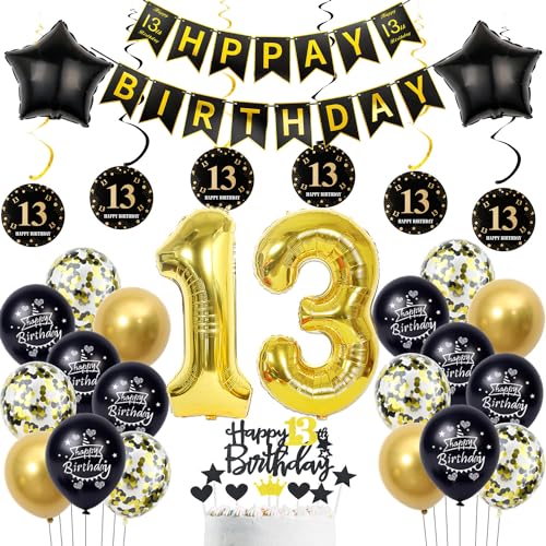 deko 13. geburtstag Jungen mädchen,schwarz gold luftballon 13. geburtstag deko Junge ,gold Tortendeko 13. geburtstag Happy Birthday girlande banner gold geburtstagsdeko 13 jahre Junge ballon von Hopewey