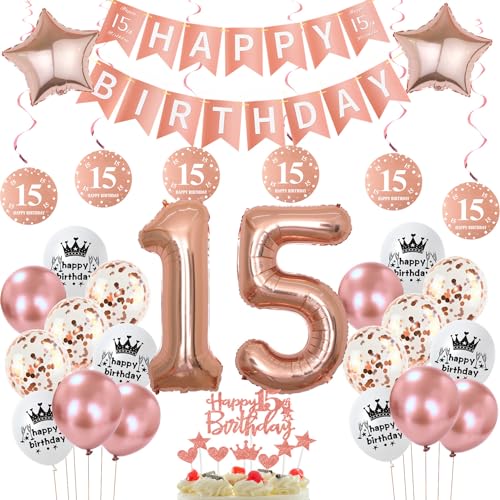 deko 15. geburtstag mädchen,rosegold luftballon 15. geburtstag deko mädchen ,Rosegold Tortendeko 15. Happy 15th Birthday girlande banner geburtstagsdeko 15 jahre ballon von Hopewey