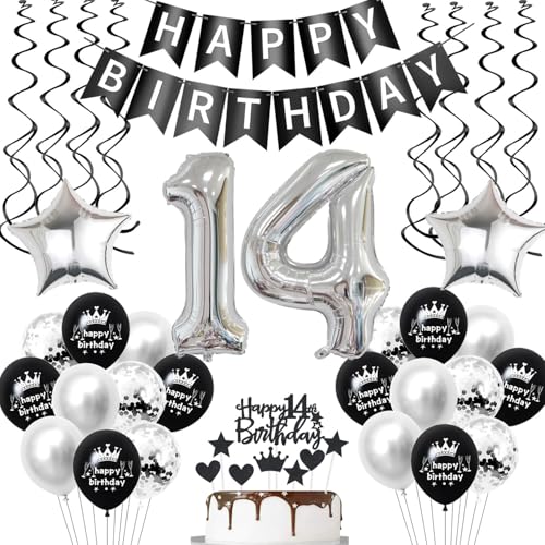 luftballon 14 geburtstag deko junge Mädchen Schwarz Silber geburtstagsdeko 14 jahre mädchen junge Deko 14. Geburtstag junge Dekoration ballon 14. geburtstag mädchen Tortendeko 14 geburtstag mädchen von Hopewey