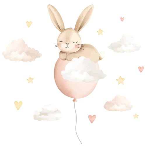 Hoppla - Wandtattoo Kinderzimmer XL - Das schlafende kleine Kaninchen - 85x75cm - Dekoration für das Mädchenzimmer - wiederverwendbarer Wandsticker, Kaninchen-Aufkleber, Ballon, Herz - Aufkleber von Hoppla