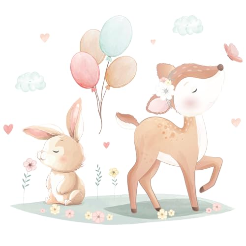 Hoppla - XL Wandtattoo für Kinderzimmer - Wandaufkleber - Waldparty - 90x80 cm - Tiere - Zimmerdekoration - Wiederverwendbarer Wandsticker, Baby-Hirsch, Hase, Ballons, Wanddekoration Babyzimmer von Hoppla