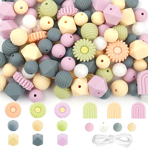100 Stück Blumenförmige Silikonperlen,Bunt Gänseblümchen Silikonperlen Bulk,Rund & Polygonal Bastelperlen mit Nylonseil für DIY Armbänder Stifte Schlüsselbund Handwerk Herstellung (Grün) von Hopton