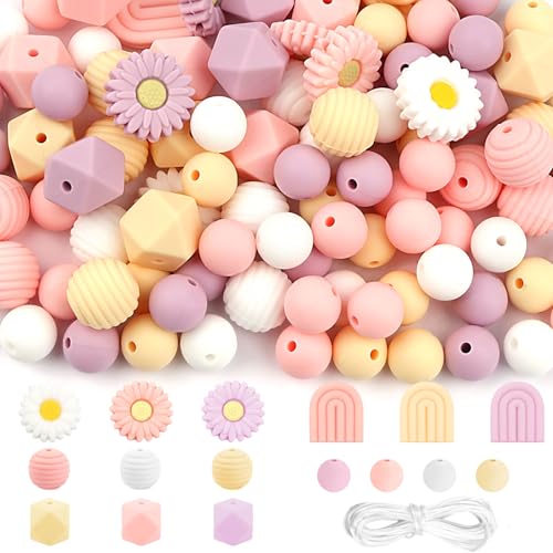 100 Stück Blumenförmige Silikonperlen,Bunt Gänseblümchen Silikonperlen Bulk,Rund & Polygonal Bastelperlen mit Nylonseil für DIY Armbänder Stifte Schlüsselbund Handwerk Herstellung (Rosa) von Hopton